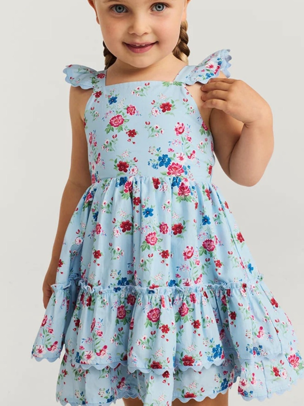 Posh Peanut Bamboo Challis Tie Back Tiered Dress - Light Blue Floral